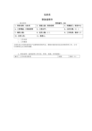 【职位描述】比价员职务说明书
