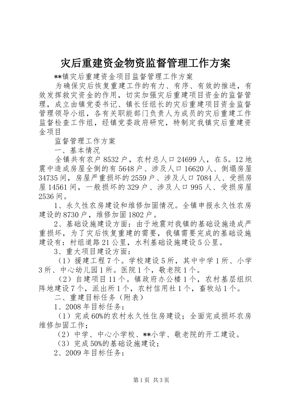 灾后重建资金物资监督管理工作实施方案 _第1页