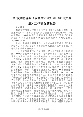 XX市贯彻落实《安全生产法》和《矿山安全法》工作情况的报告 