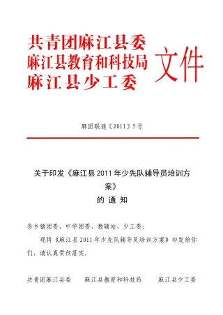 麻团联通5号：麻江县XXXX年少先队辅导员培训方案
