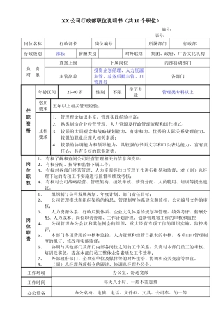 xx公司行政部职位说明书（共10个职位）