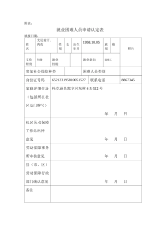 就业困难人员申请认定表