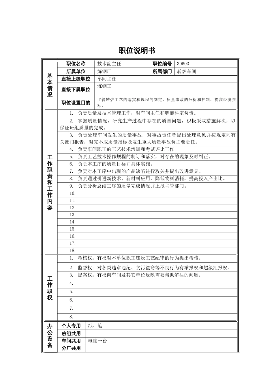 德龙钢铁-技术副主任职位说明书_第1页