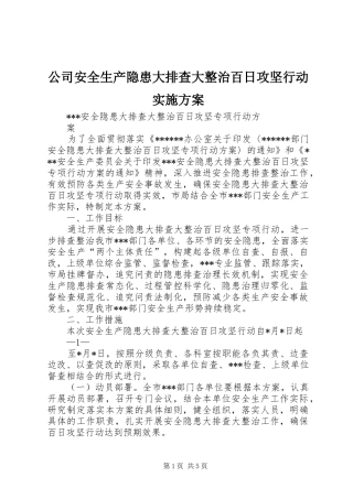 公司安全生产隐患大排查大整治百日攻坚行动方案 
