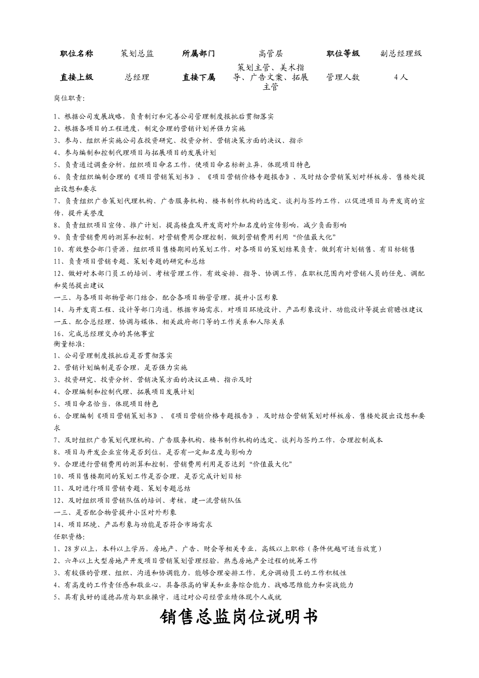 房地产公司营销部岗位职责说明书_第3页