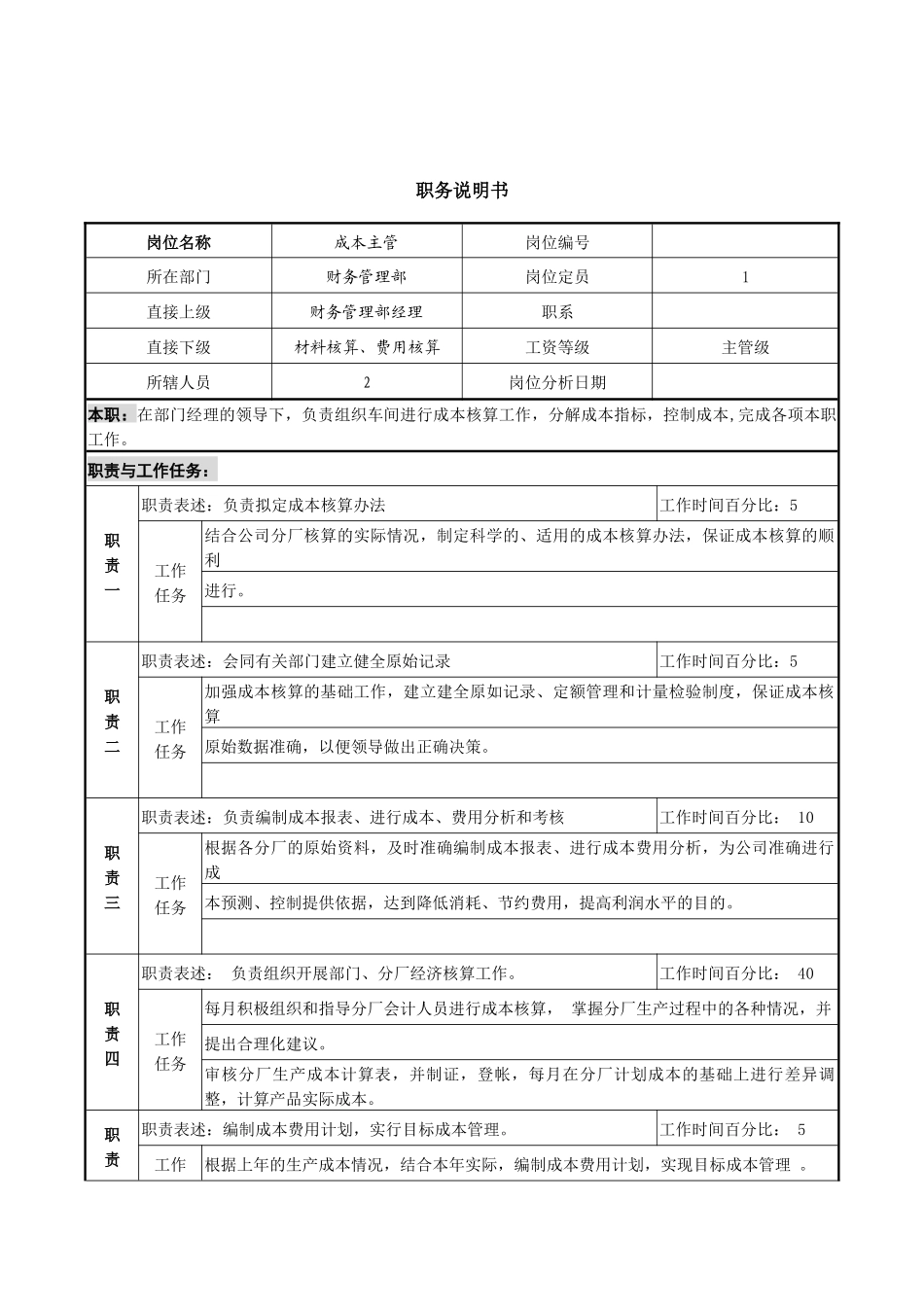 成本主管职务说明书_第1页