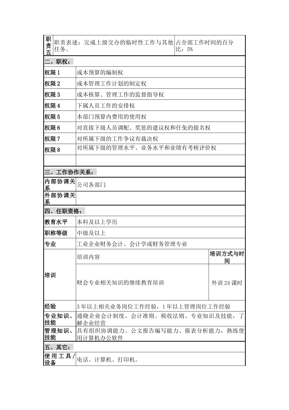 成本主管职位说明书_第2页