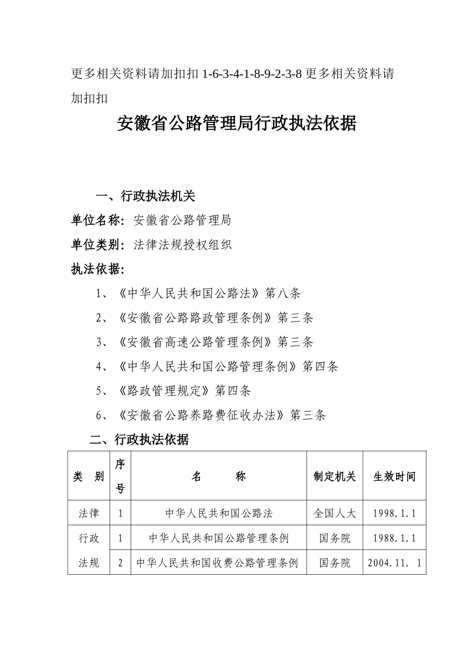 解析安徽省公路管理局行政执法依据_第1页