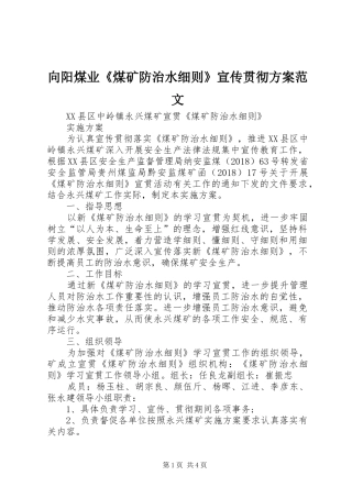 向阳煤业《煤矿防治水细则》宣传贯彻实施方案范文 