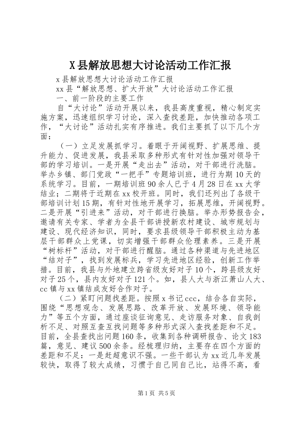 X县解放思想大讨论活动工作汇报 _第1页