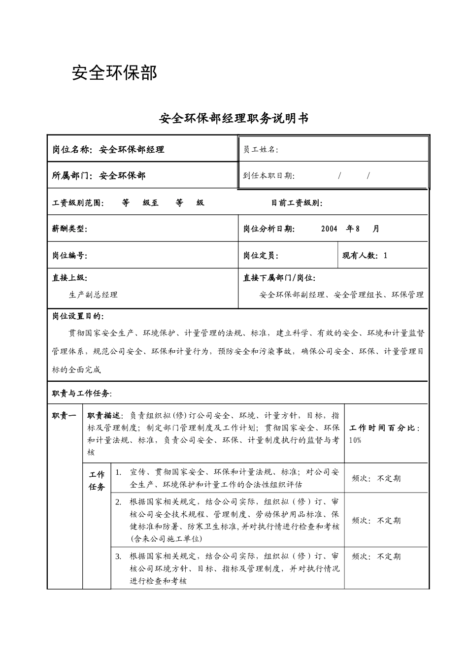 XX公司安全环保部职务说明书_第1页