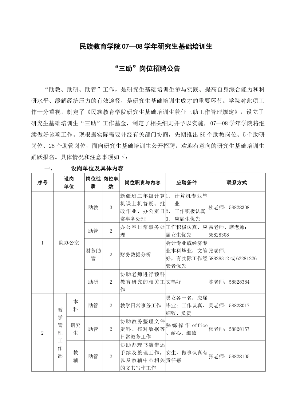 民族教育学院07—08学年研究生“三助”岗位招聘公告_第1页