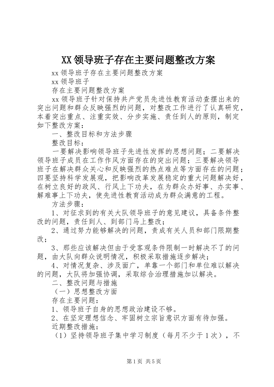 XX领导班子存在主要问题整改实施方案 _第1页