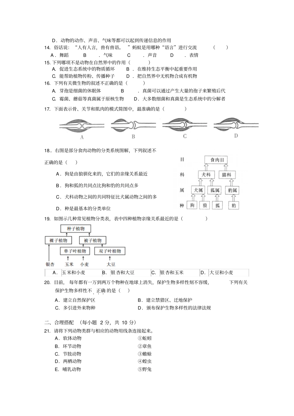 人教版八上生物期末考试试卷_第2页