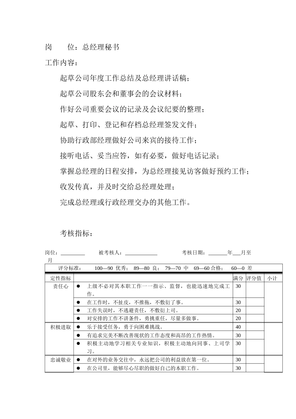 岗位工作内容和年度定性考核指标-总经理秘书_第1页