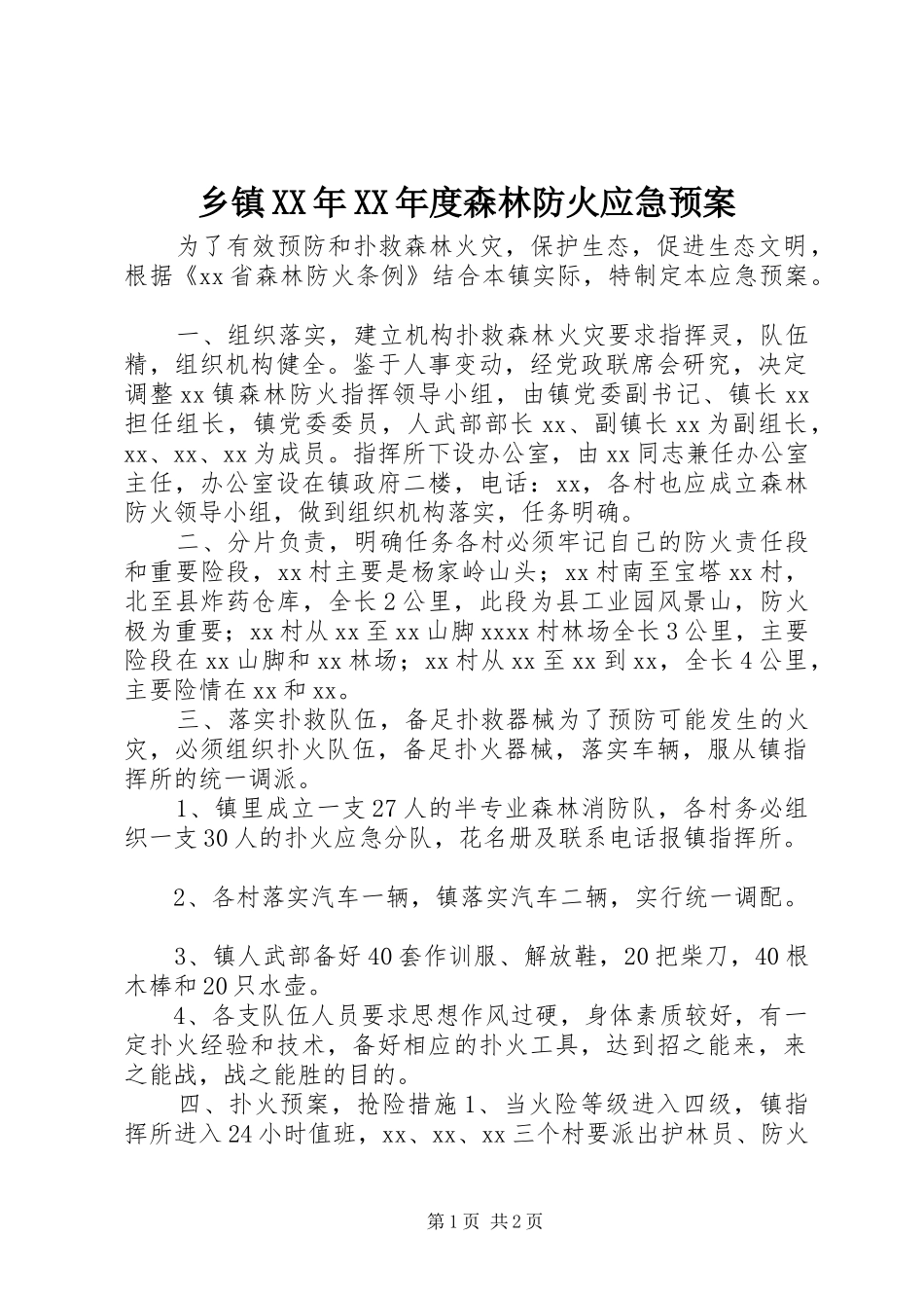 乡镇XX年XX年度森林防火应急预案_第1页