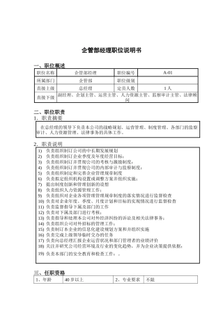 钢铁行业-企管部经理岗位说明书