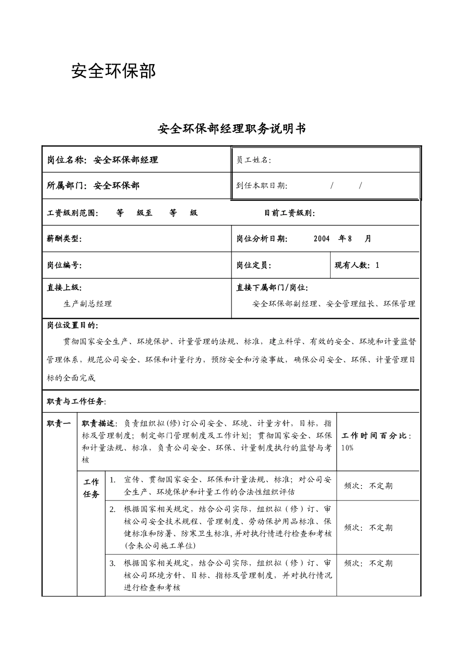 安全环保部岗位说明书_第1页