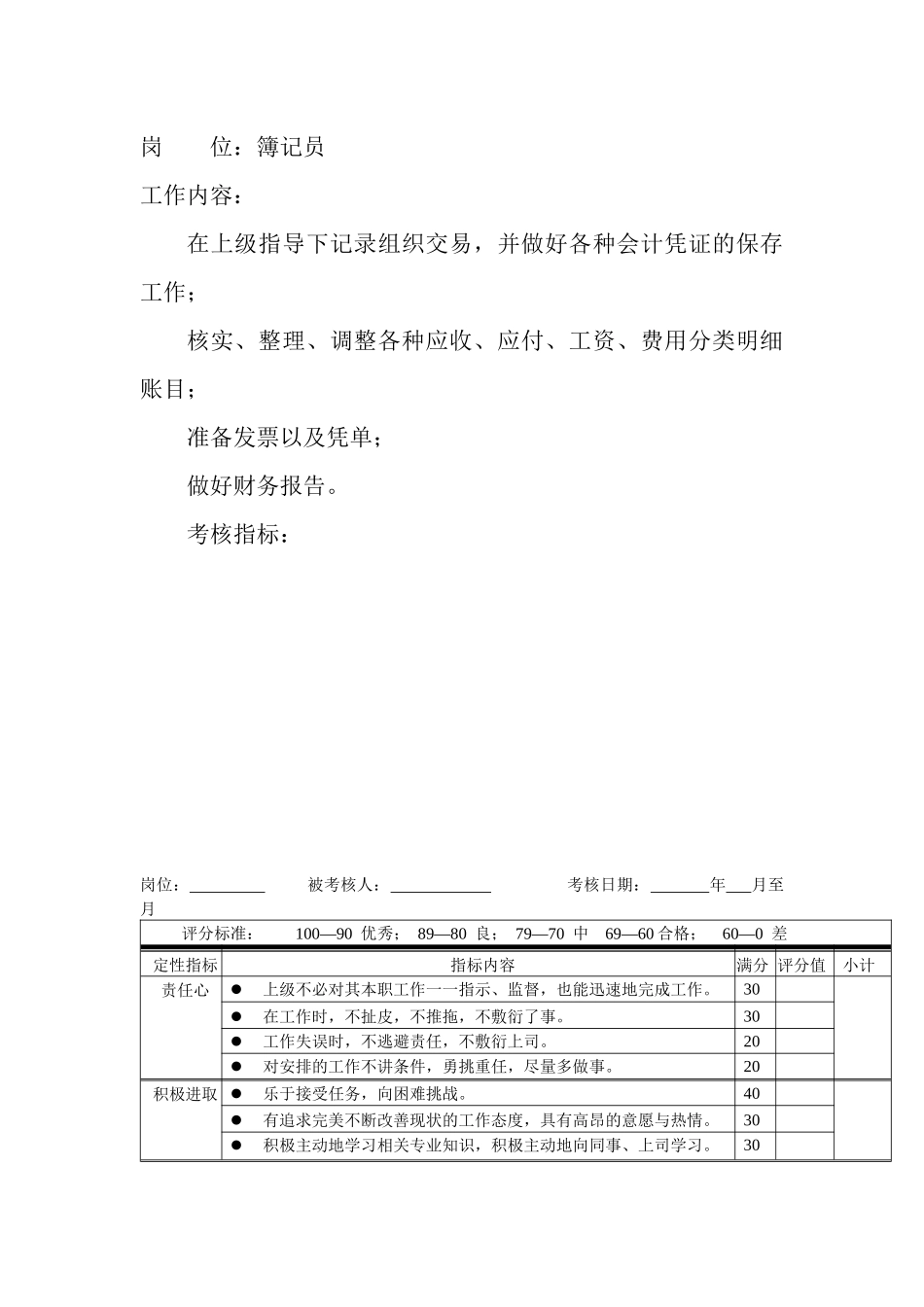 岗位工作内容和年度定性考核指标-簿记员_第1页