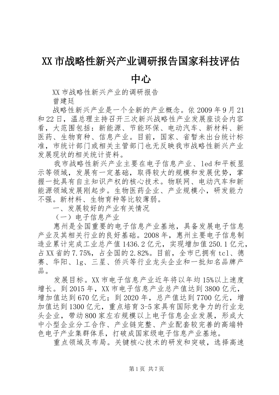 XX市战略性新兴产业调研报告国家科技评估中心 _第1页