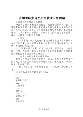 乡镇重特大自然灾害救助应急处置预案 
