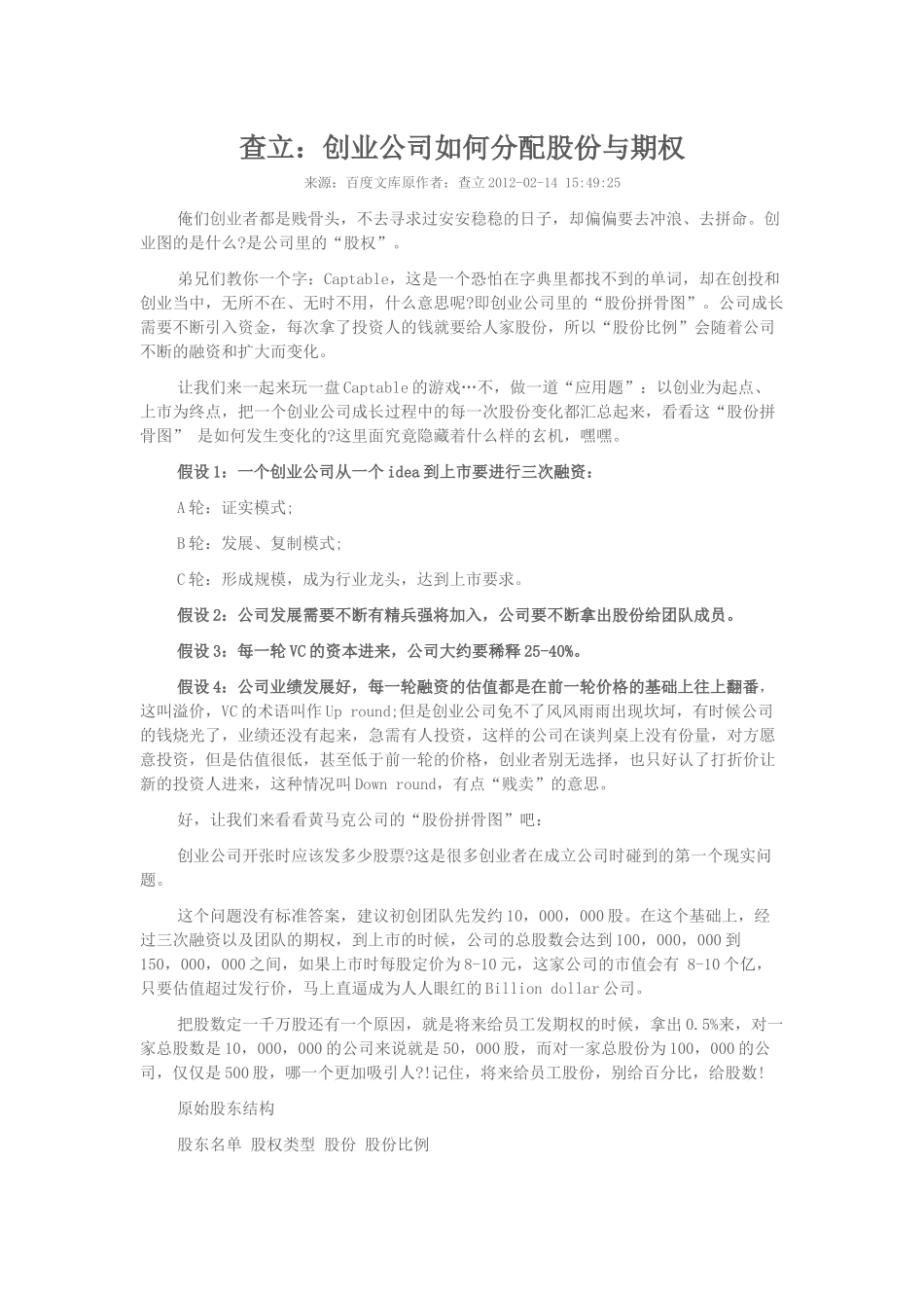 查立：创业公司如何分配股份与期权_第1页