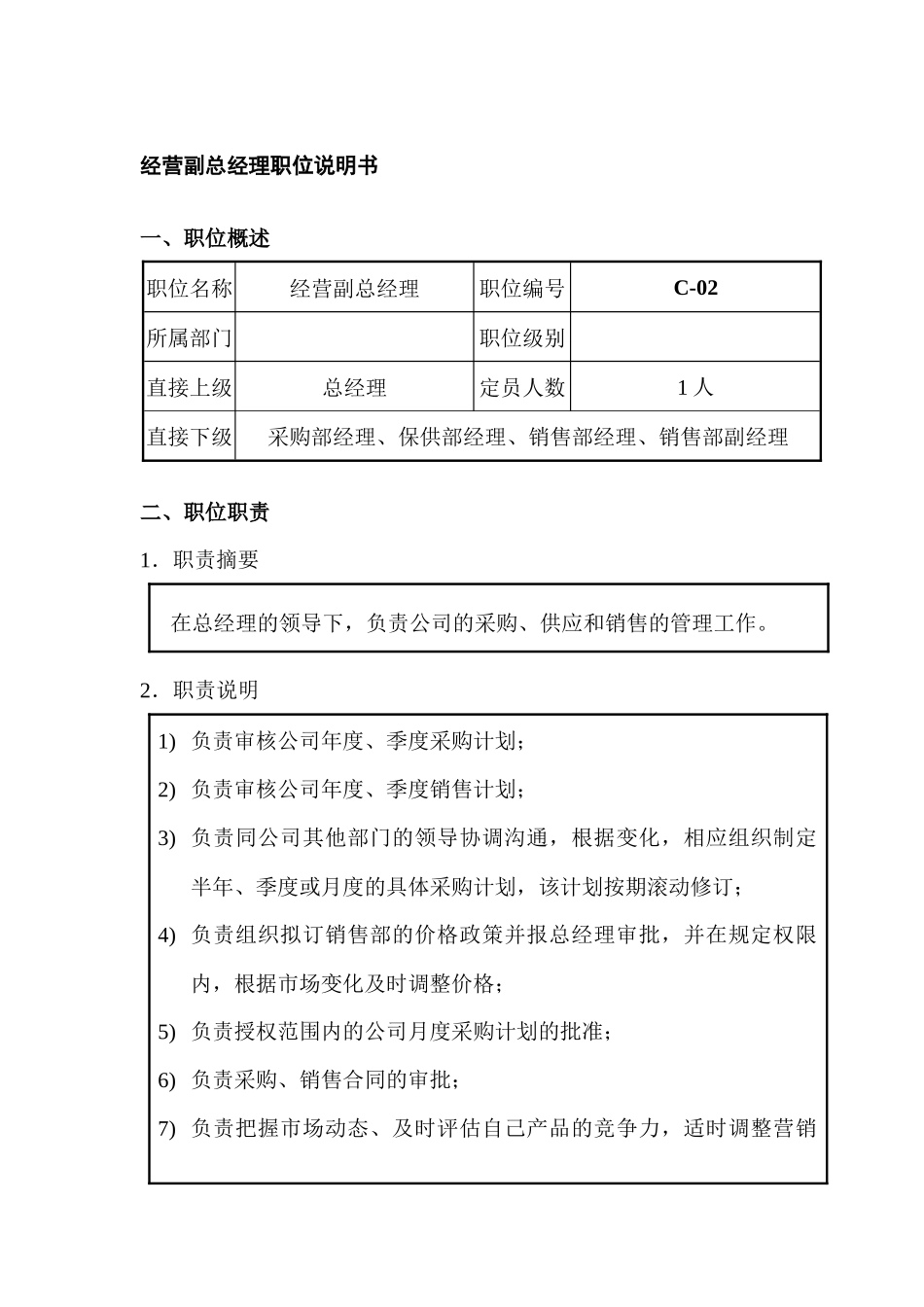 经营副总经理职位说明书_第1页