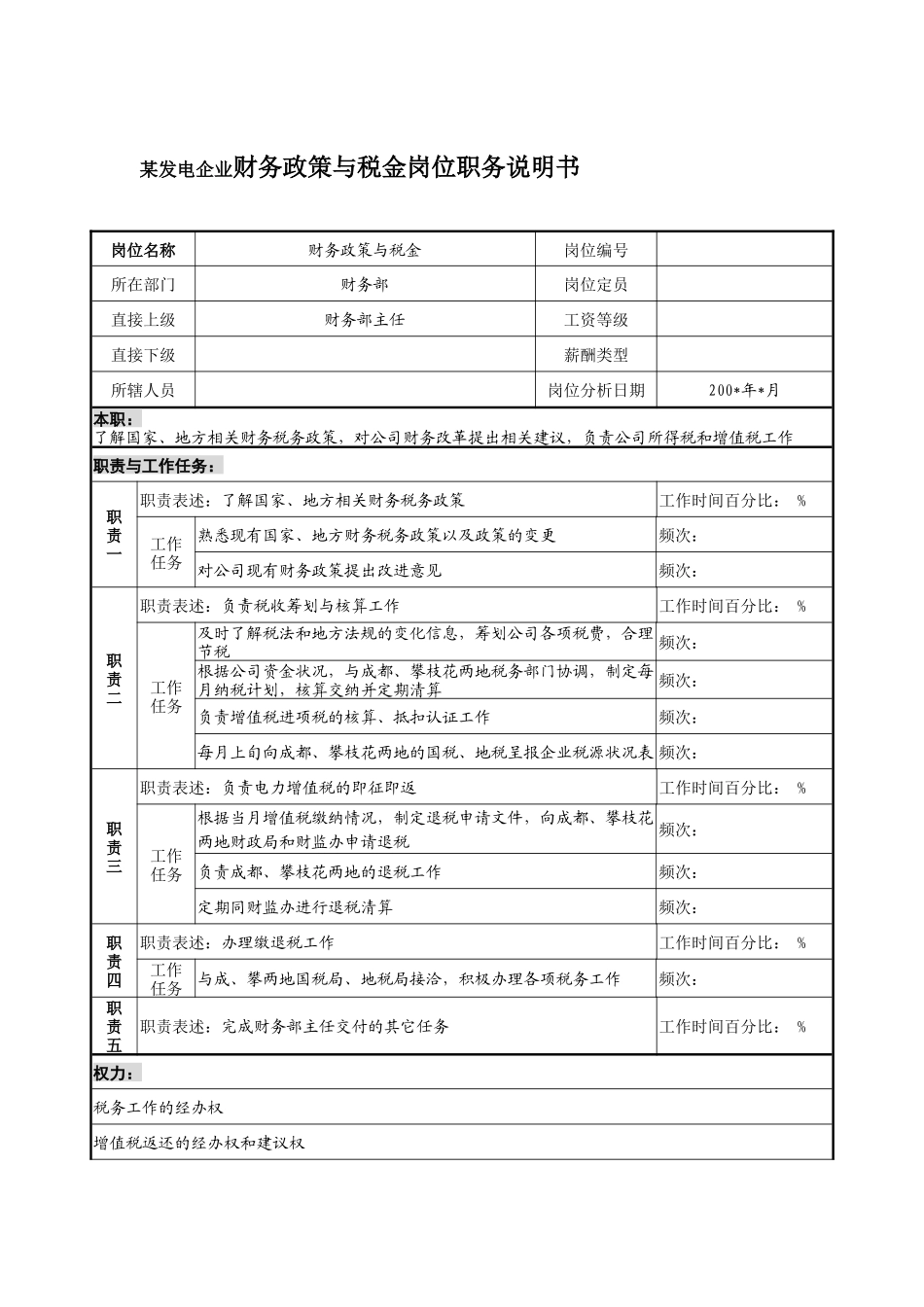 某发电企业财务政策与税金岗位职务说明书_第1页