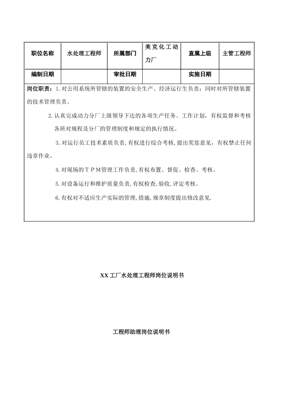 XX工厂水处理工程师岗位说明书_第1页