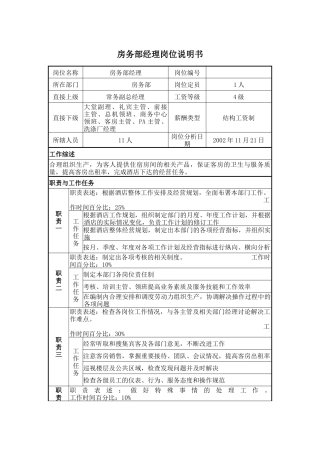 房务部经理岗位说明书