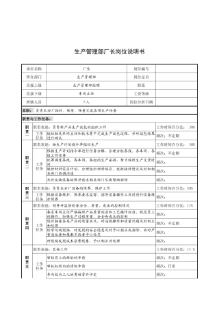 奥康集团生产管理部厂长岗位说明书