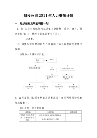 创投公司XXXX年人力资源计划