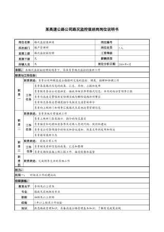 某高速公路公司路况监控值班岗岗位说明书