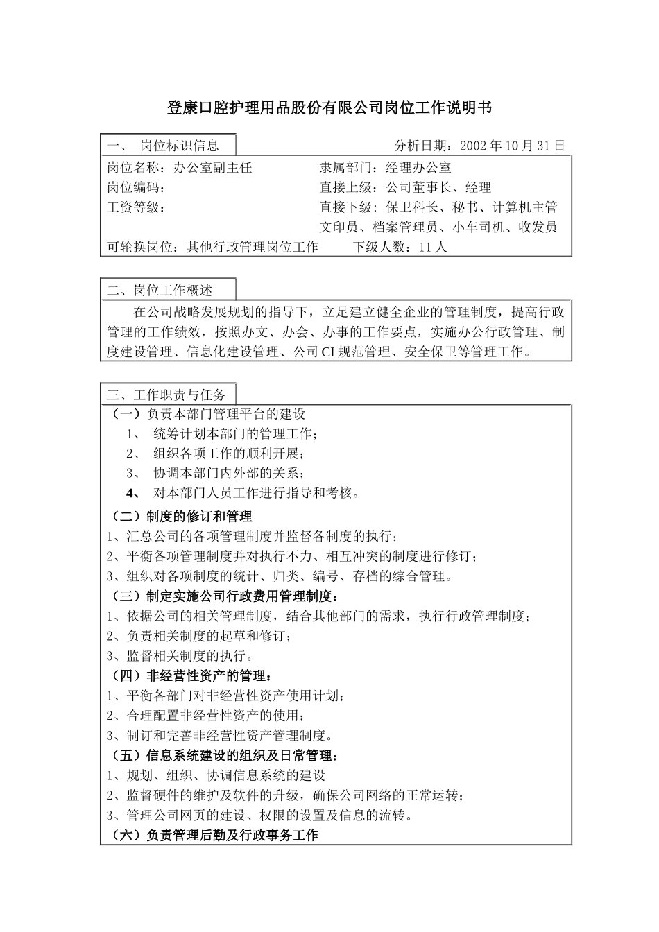 登康口腔护理用品股份有限公司办公室副主任（未来岗位）岗位工作说明书_第1页