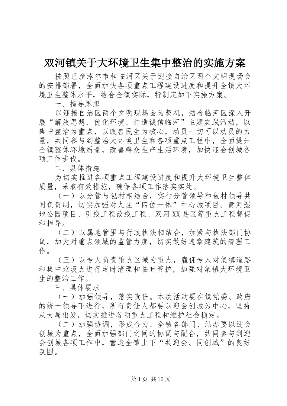 双河镇关于大环境卫生集中整治的实施方案_第1页