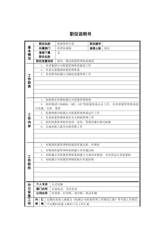 经营协调部_质量管理主管_岗位说明书