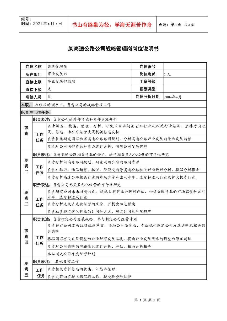 某高速公路公司战略管理岗岗位说明书_第1页