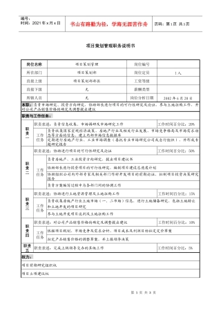 某集团亚太区公司项目策划管理职务说明书