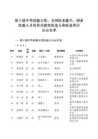 第十届中华技能大奖、全国技术能手、国家技能人才培育贡献奖候选