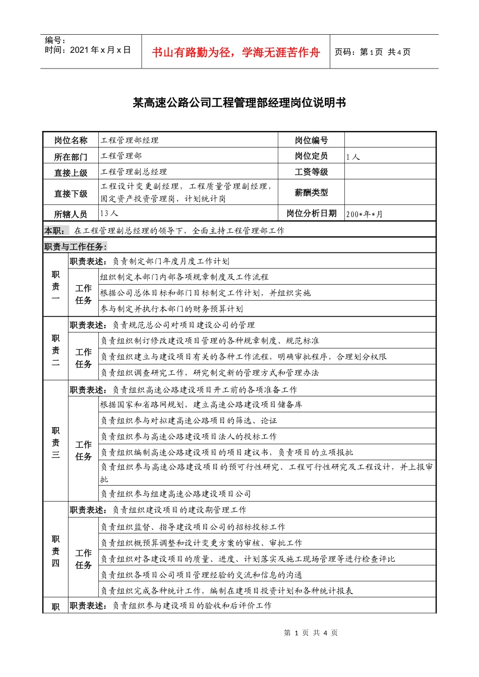 某高速公路公司工程管理部经理岗位说明书_第1页