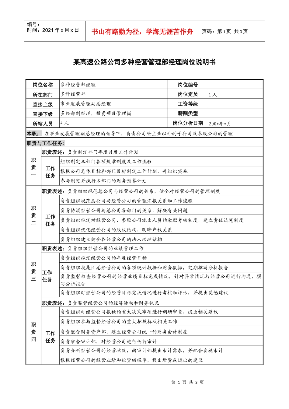 某高速公路公司多种经营管理部经理岗位说明书_第1页