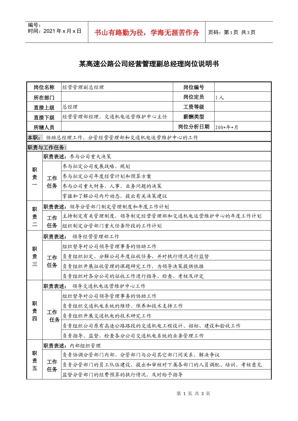 某高速公路公司经营管理副总经理岗位说明书_第1页