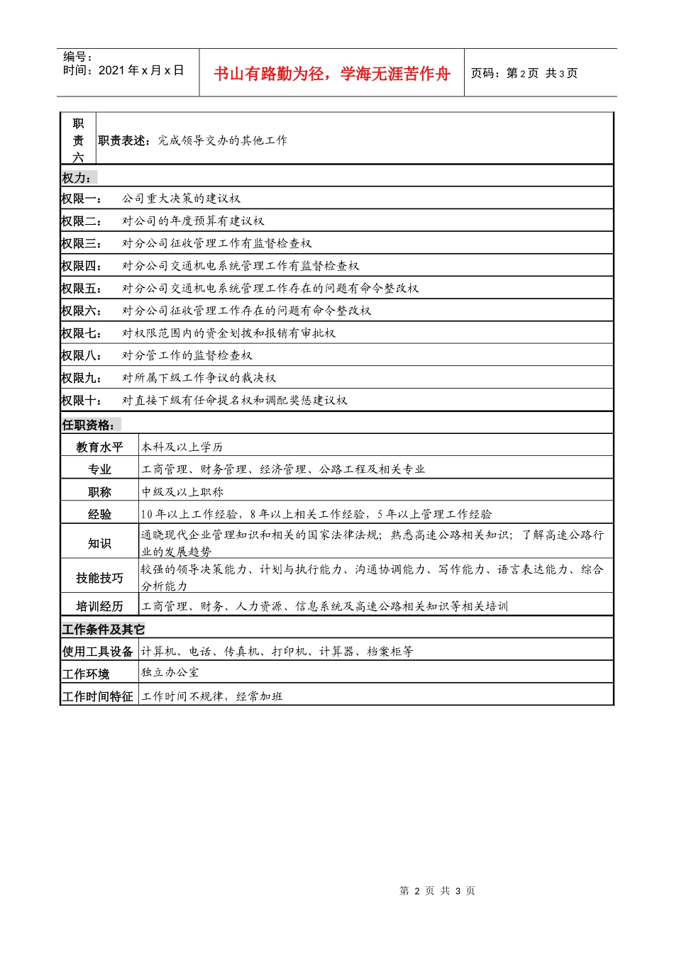 某高速公路公司经营管理副总经理岗位说明书_第2页