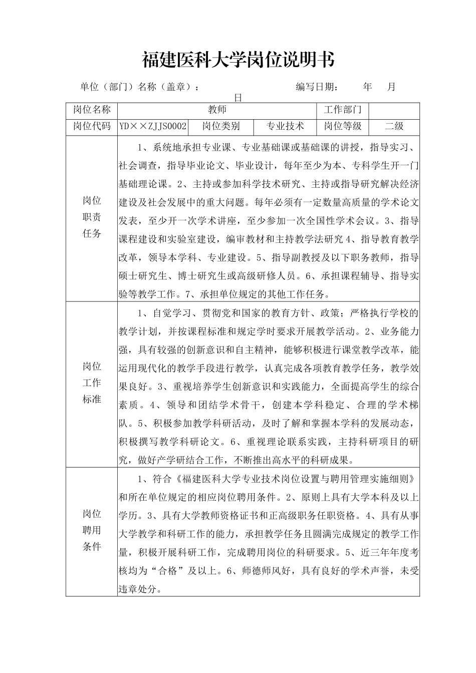 福建医科大学岗位说明书_第2页