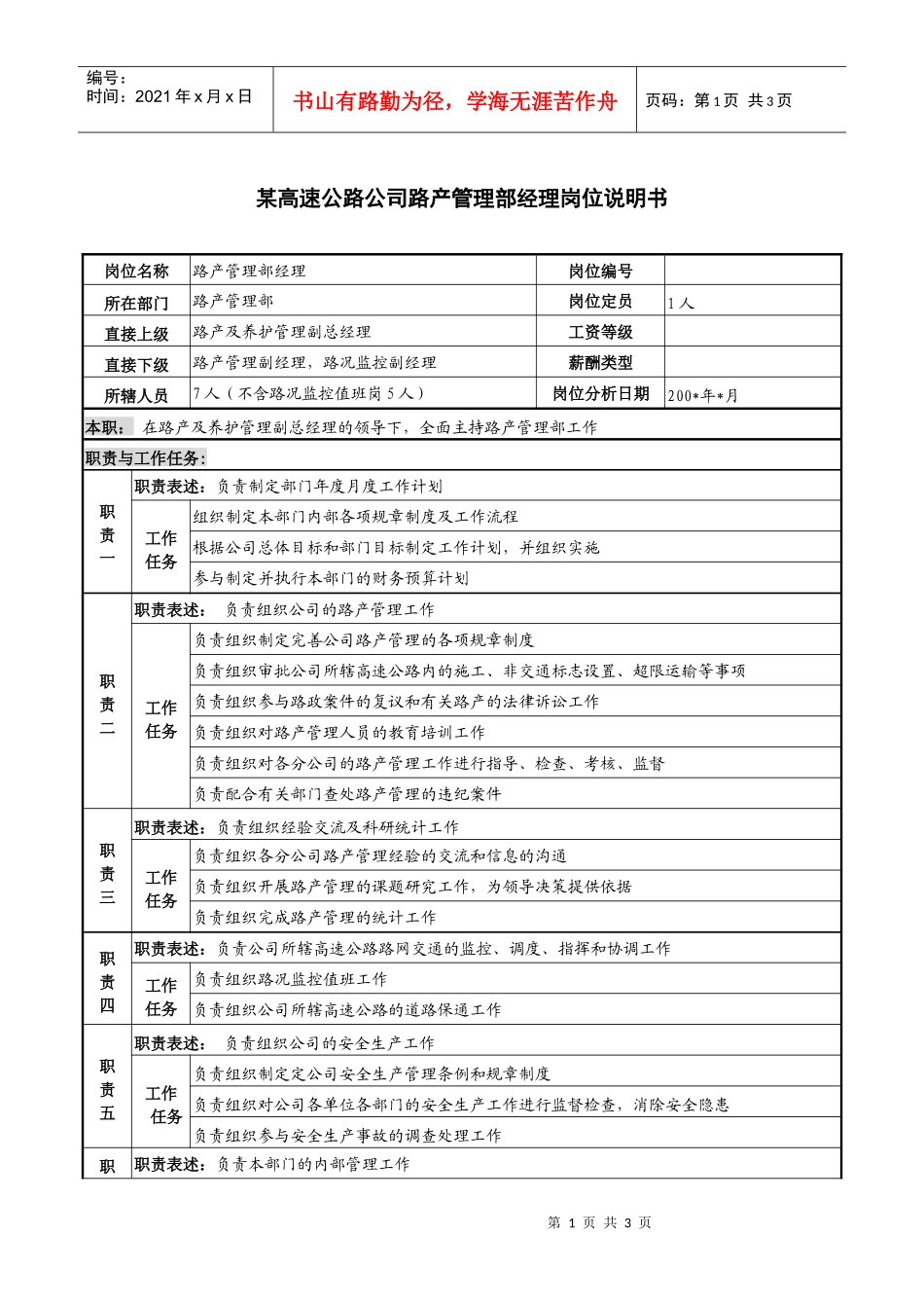 某高速公路公司路产管理部经理岗位说明书._第1页