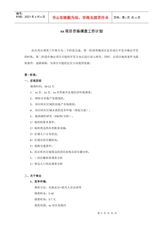 某项目市场调查工作计划报告