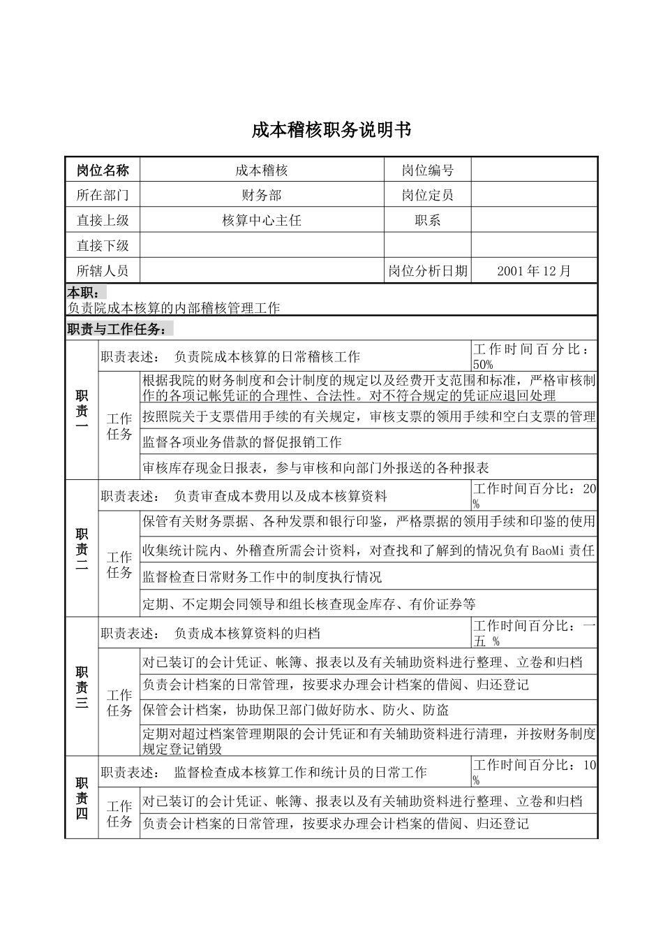 财务部成本稽核岗位描述_第1页