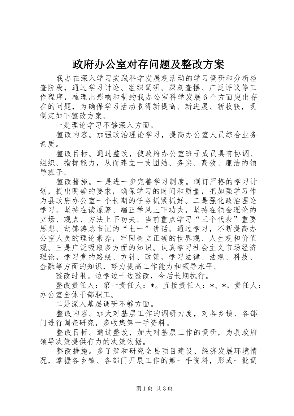 政府办公室对存问题及整改方案_第1页