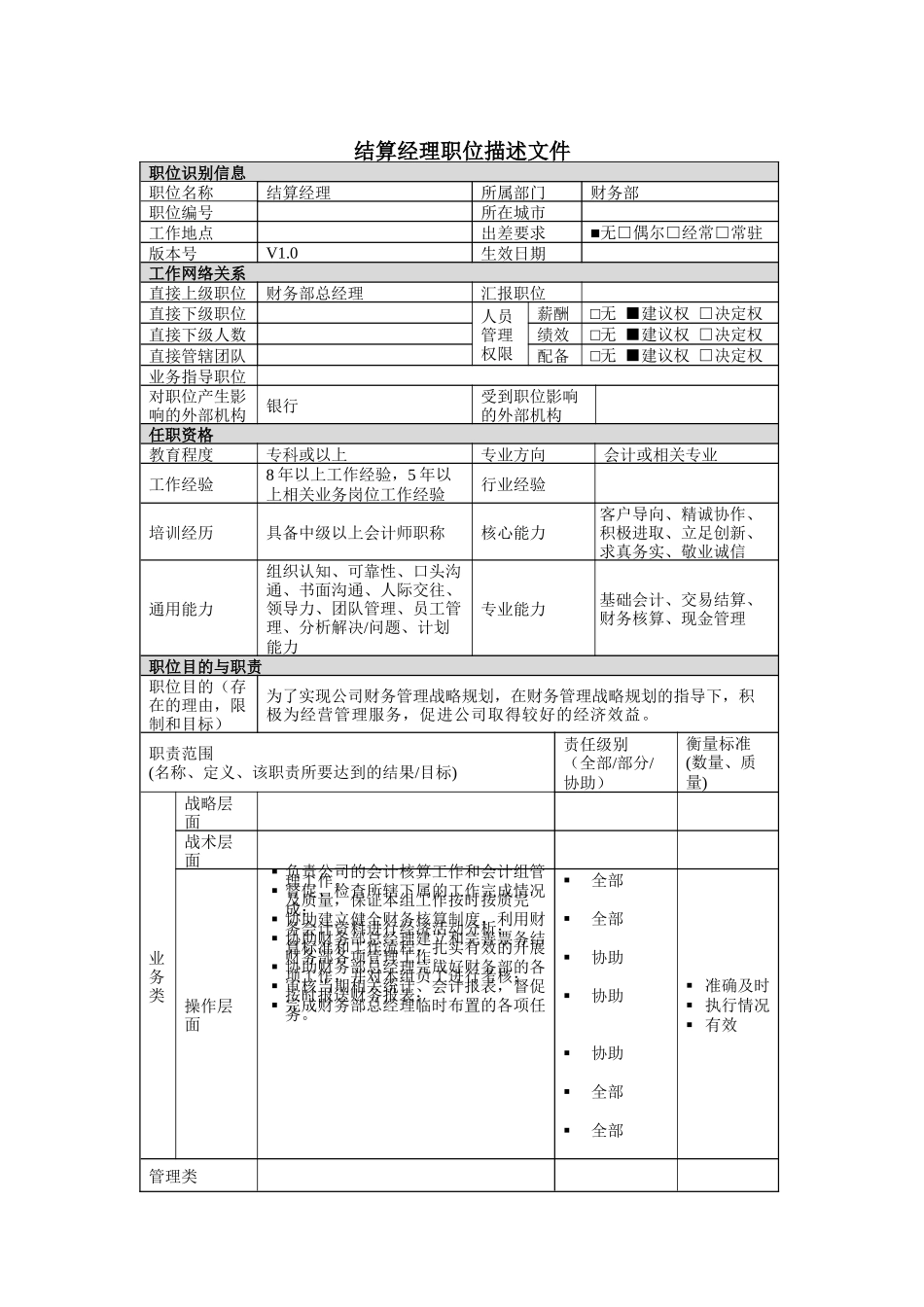 结算经理岗位说明书_第1页