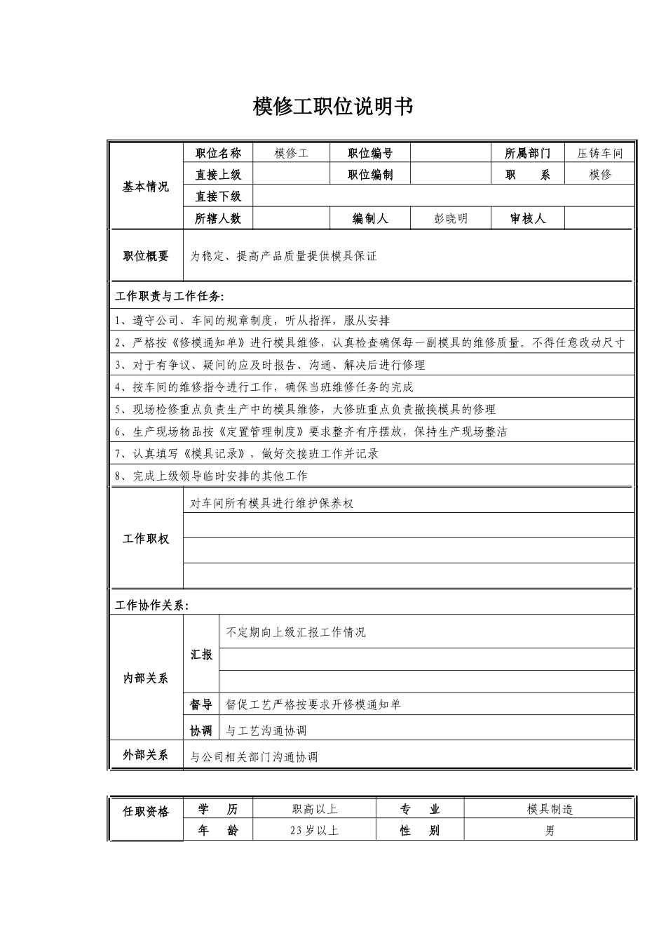 模修工职位说明书_第1页